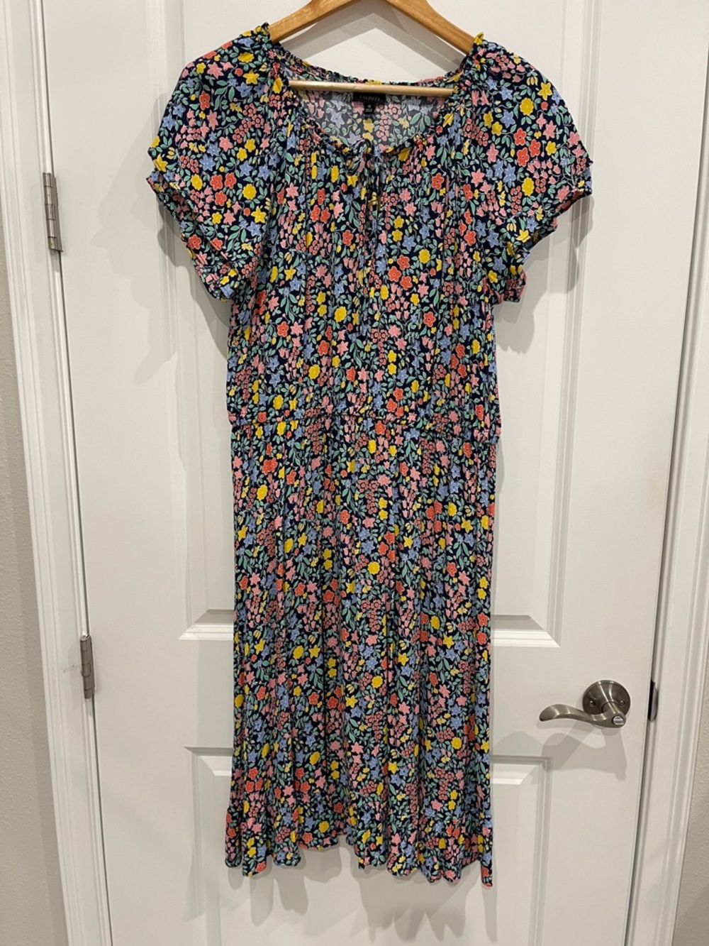 Talbots Navy Floral Midi Dress with Pink, Yellow & Light Blue Flowers